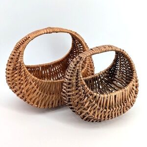 Set of 2 Wicker Baskets Round Handle Rustic Farmhouse Storage Decor